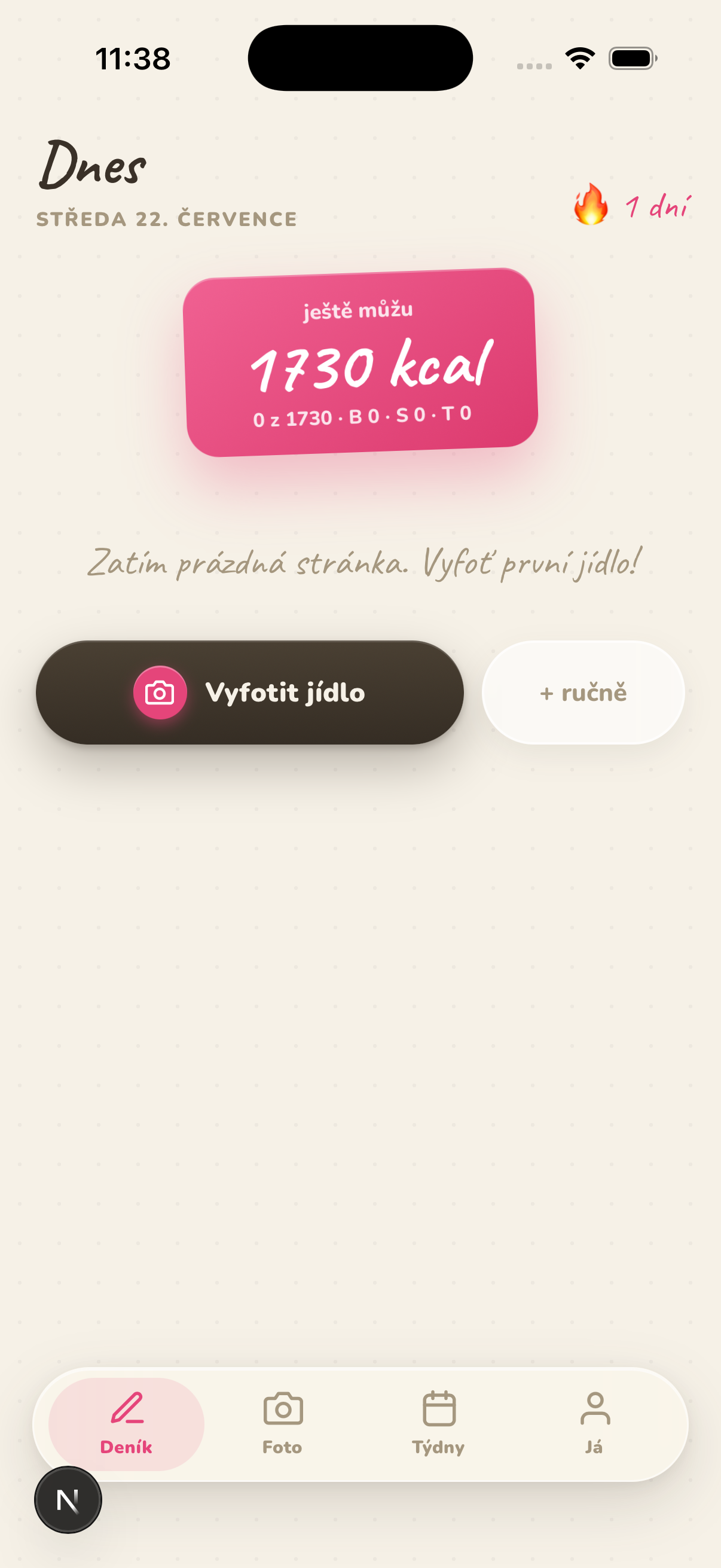 Deník Foodary: ještě můžu 1730 kcal, tlačítko Vyfotit jídlo