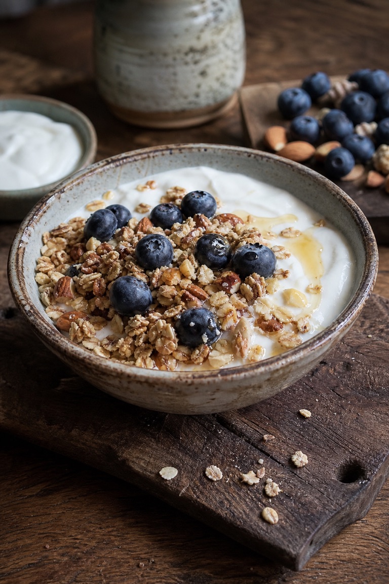 Bílý jogurt s müsli a borůvkami
